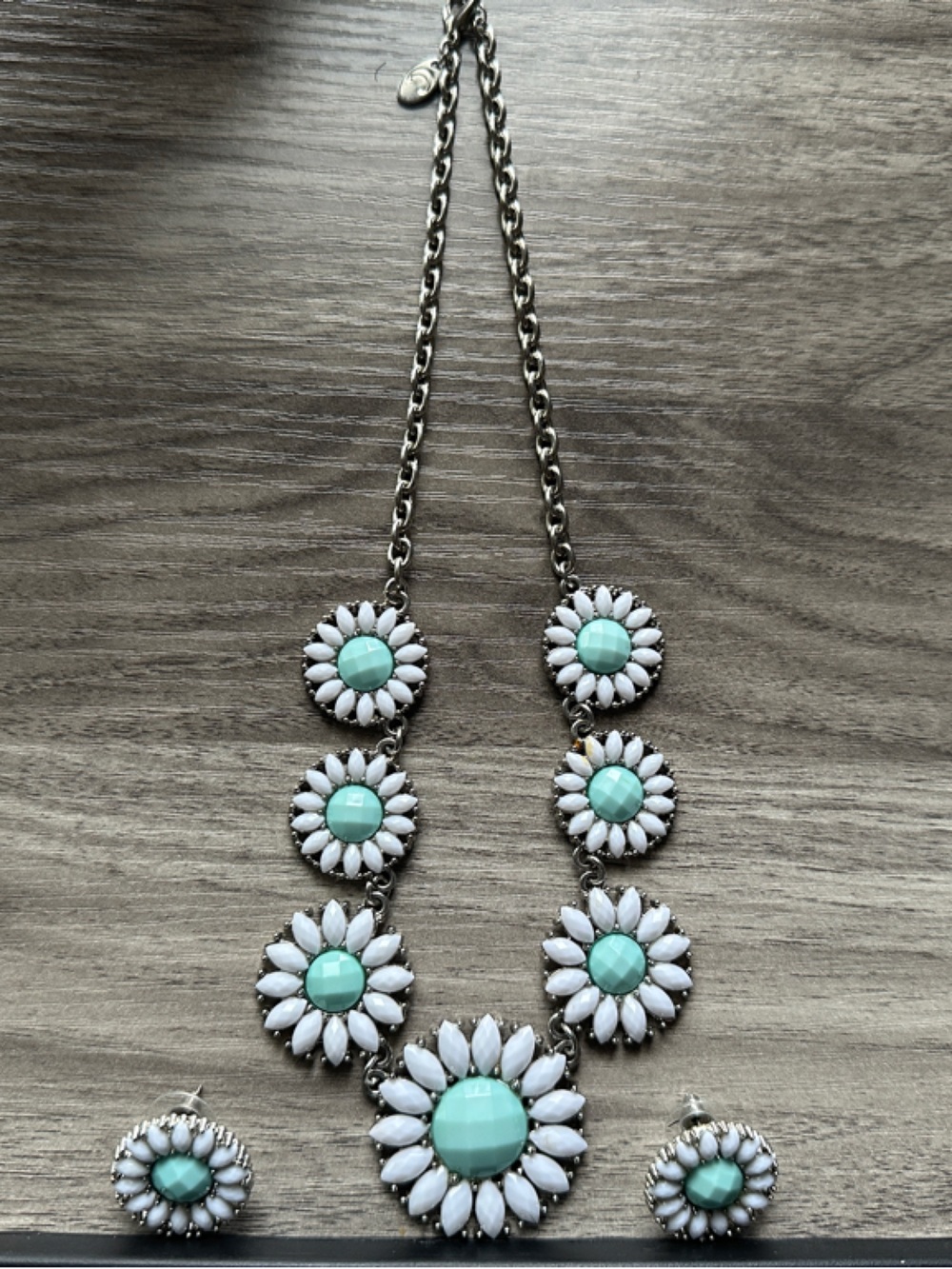Mint & White Floral Statement Necklace and Earring Set - Women Jewelry